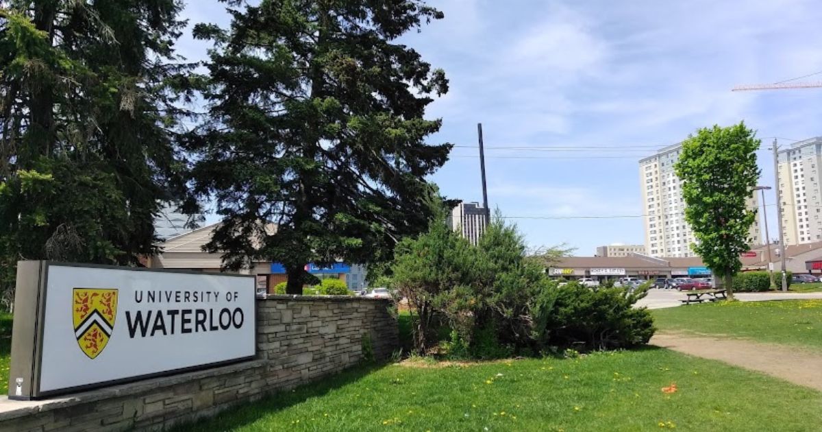 Waterloo Scholarship in Canada: University of Waterloo campus entrance sign, highlighting scholarship opportunities for international and domestic students in Canada.