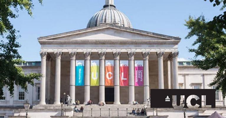 University College London (UCL) main building with banners, promoting the UCL Global Masters Scholarship.